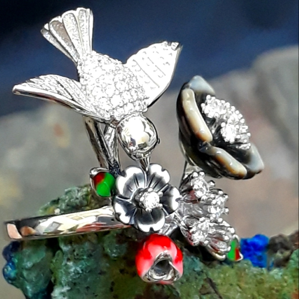 Black Mother of Pearl Sterling Silver Bird Ring